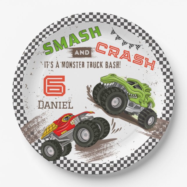 Smash and Crash Monster Truck 6th Birthday Party Paper Plate (Front)