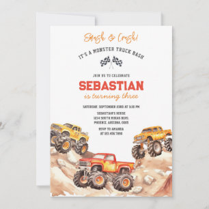 Smash & Crash It's Monster Truck Bash Boy Birthday Invitation