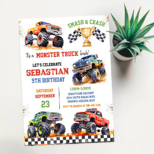 Smash & Crash It's Monster Truck Bash Boy Birthday Invitation