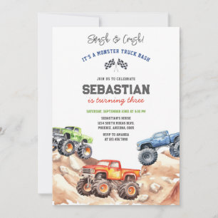 Smash & Crash It's Monster Truck Bash Boy Birthday Invitation