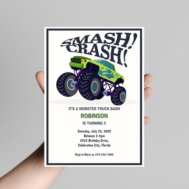 Smash Crash - Modern Green Monster Truck Birthday  Invitation (Creator Uploaded)