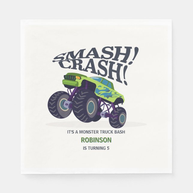 Smash Crash - Modern Green Monster Truck Birthday  Napkin (Front)