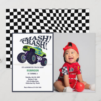 Smash Crash- Modern Green Monster Truck Photo Invitation