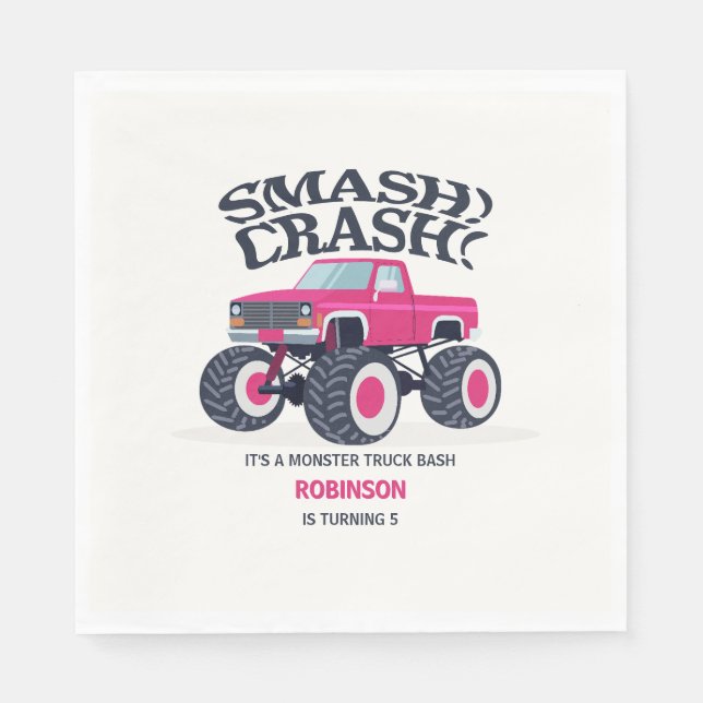 Smash Crash - Modern Pink Monster Truck Birthday Napkin (Front)