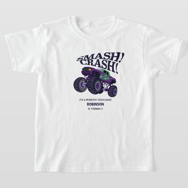 Smash Crash- Modern Purple Monster Truck Birthday  T-Shirt (Laydown)
