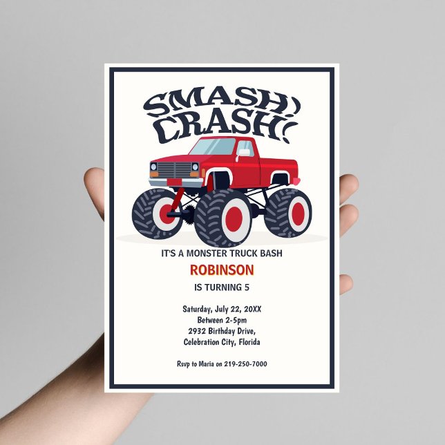 Smash Crash - Modern Red Monster Truck Birthday Invitation (Creator Uploaded)
