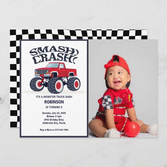 Smash Crash- Modern Red Monster Truck Photo Invitation (Front/Back)