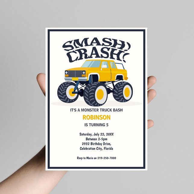 Smash Crash - Modern Yellow Monster Truck Birthday Invitation (Creator Uploaded)