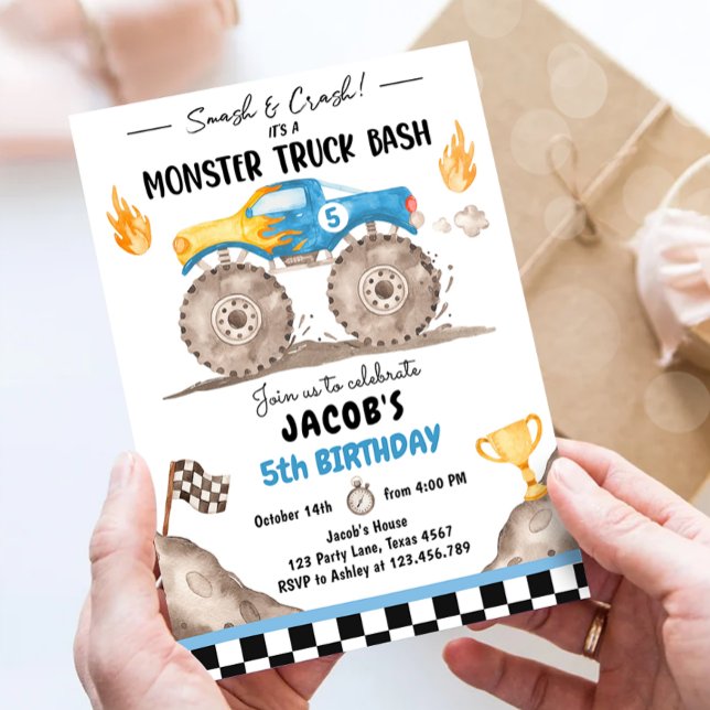 Smash Crash Monster Truck Bash Blue Boy Birthday Invitation (Creator Uploaded)