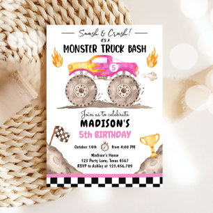 Smash Crash Monster Truck Bash Pink Girl Birthday Invitation