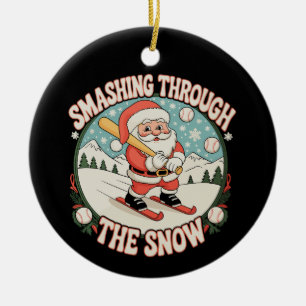 Smashing Through The Snow Baseball Santa Christmas Ceramic Tree Decoration