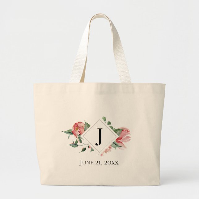 Smell the Roses, Monogram, Wedding Date Large Tote Bag (Front)