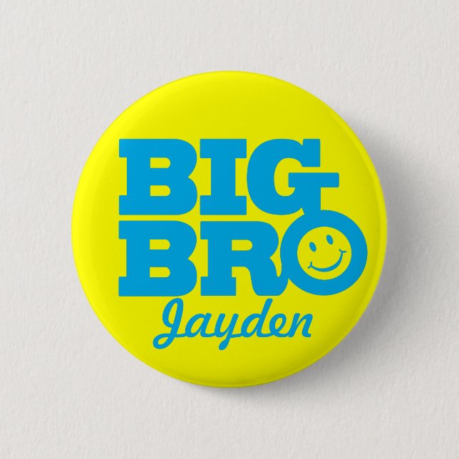 Smile Big Bro named button badge in blue & yellow (Front)