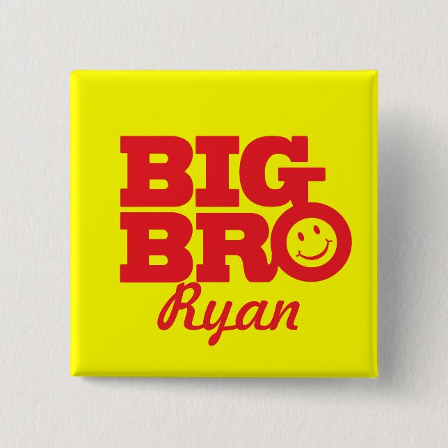 Smile Big Bro named button badge in red & yellow (Front)