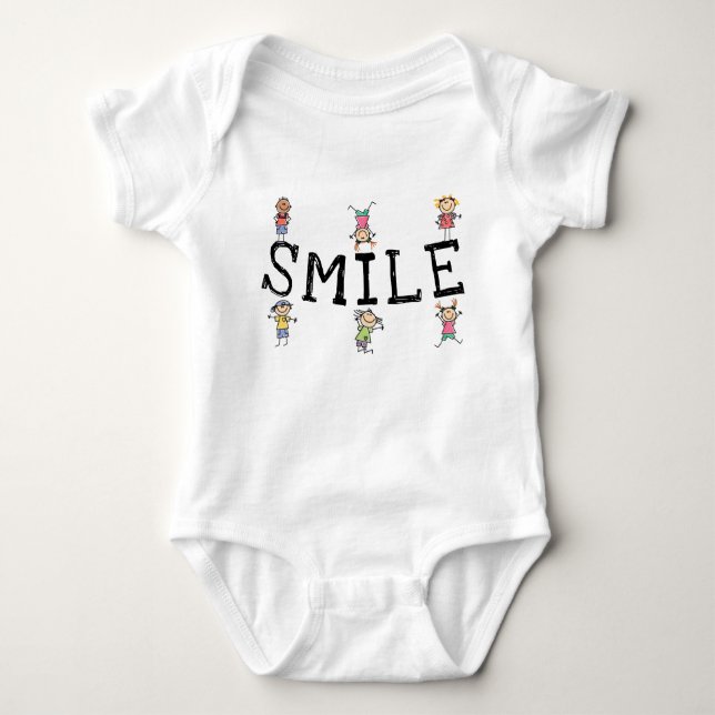 Smile Cute Cartoon Stick Figure Children Playing Baby Bodysuit (Front)