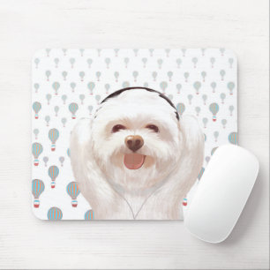 Smile Dog listening to music with Headphone Mouse Pad