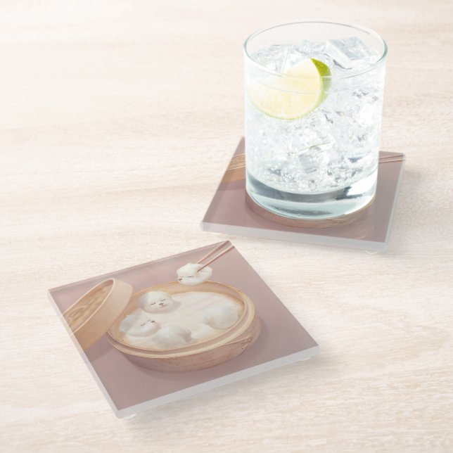 Smile Dog – Xiao Long Bao Delight Glass Coaster (Angled)