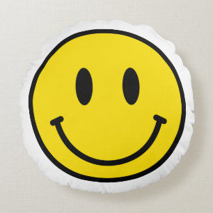 Smile Face Emoji Yellow Black White Happy Fun Round Cushion