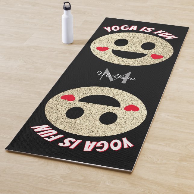 Smile face sparkles hearts Yoga is fun Monogram Yoga Mat (In Situ)