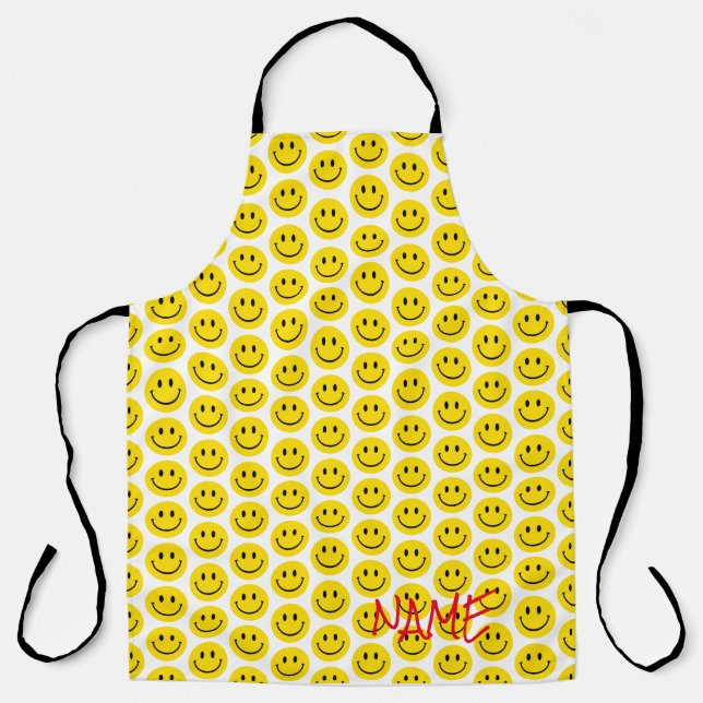 Smile Face Yellow Black White Happy Custom Name Apron (Front)