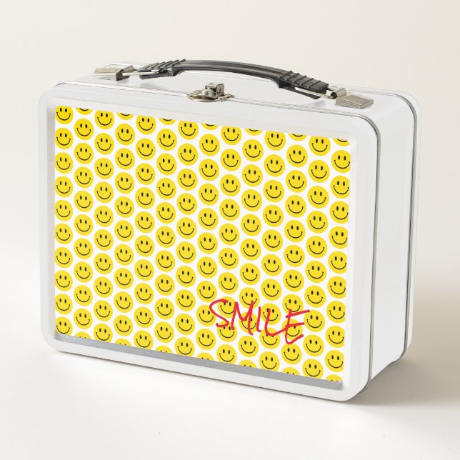 SMILE Face Yellow Black White Happy School Kids Metal Lunch Box (Front)