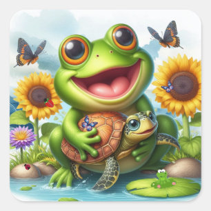 Smile Frog and Sea Turtle Scene Square Sticker