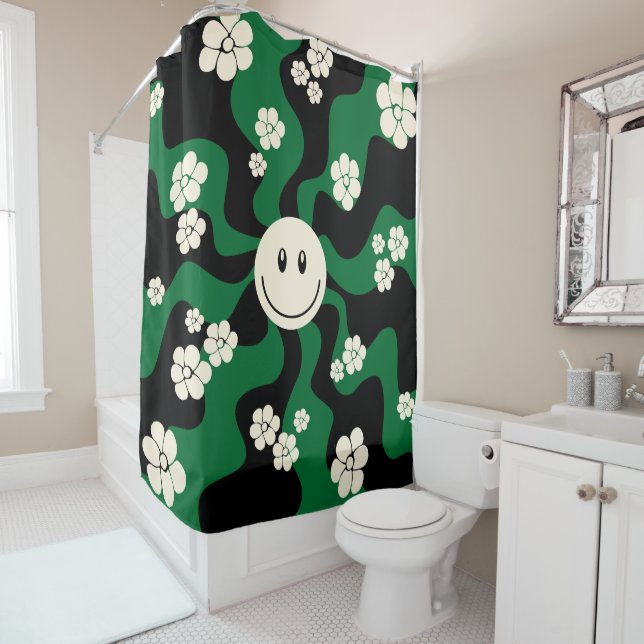 Smile - Green, Cream and Black Shower Curtain (In Situ)