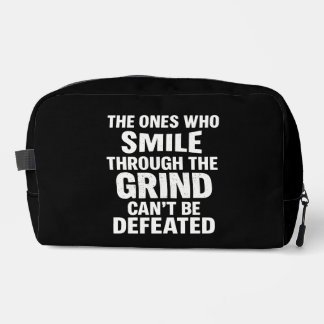 Smile grind gym motivation quote with white text dopp kit