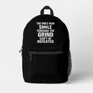 Smile grind gym motivation quote with white text printed backpack