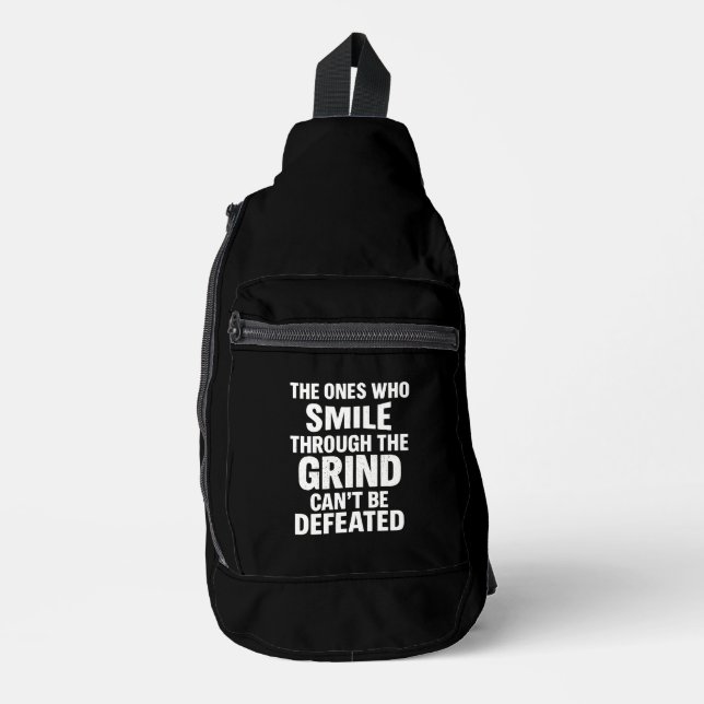 Smile grind gym motivation quote with white text sling bag (Front)