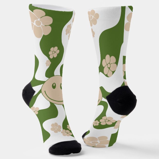 Smile in White, Sand & Palm Green Socks (Angled)