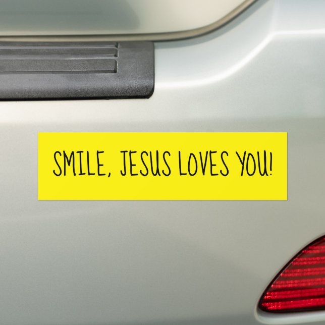 Smile, Jesus Loves You Yellow Happy Sunshine Bumper Sticker (On Car)