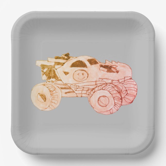 Smile Monster Truck Rally Birthday Party Paper Plate (Front)
