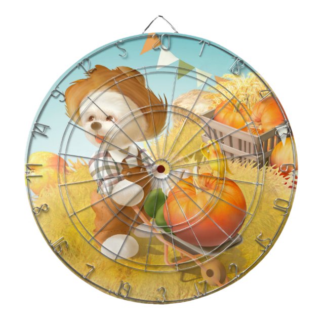Smile Pup: Harvest Joy & Pumpkin Wheelbarrow Dartboard (Front)