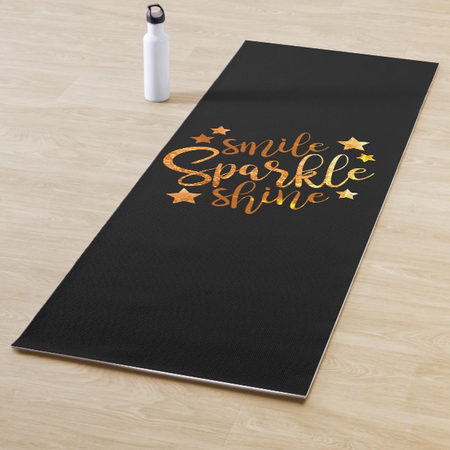 Smile Sparkle Shine Black Gold Coloured Quote Yoga Mat (In Situ)