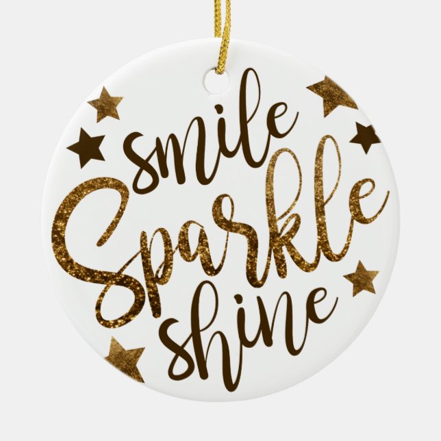 SMILE SPARKLE SHINE, GOLDEN GLITTER STAR CERAMIC TREE DECORATION (Front)