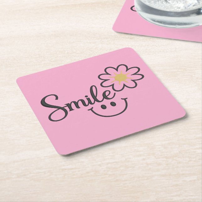 Smile Sunflower Line Art | Pink Square Coaster (Angled)