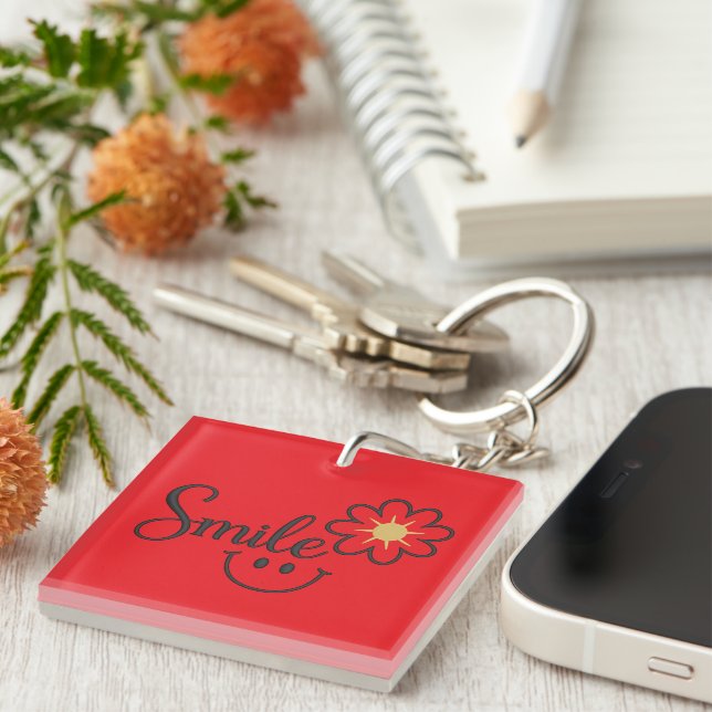 Smile Sunflower Line Art | Square Keychain (Front Right)