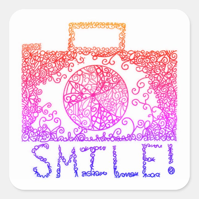 "Smile!" Sunrise Camera Square Stickers (Front)