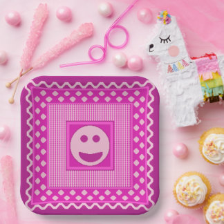 Smile Tile Party Plates in Hot Pink