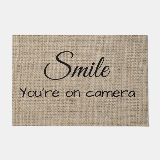 Smile  You're on Camera Door Burlap Look Mat (Front)