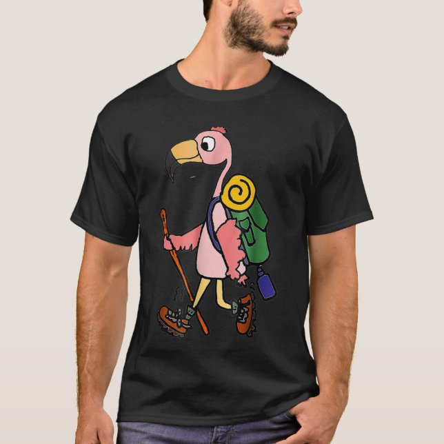 Smilenowtees Cute Pink Flamingo Hiking T-Shirt (Front)