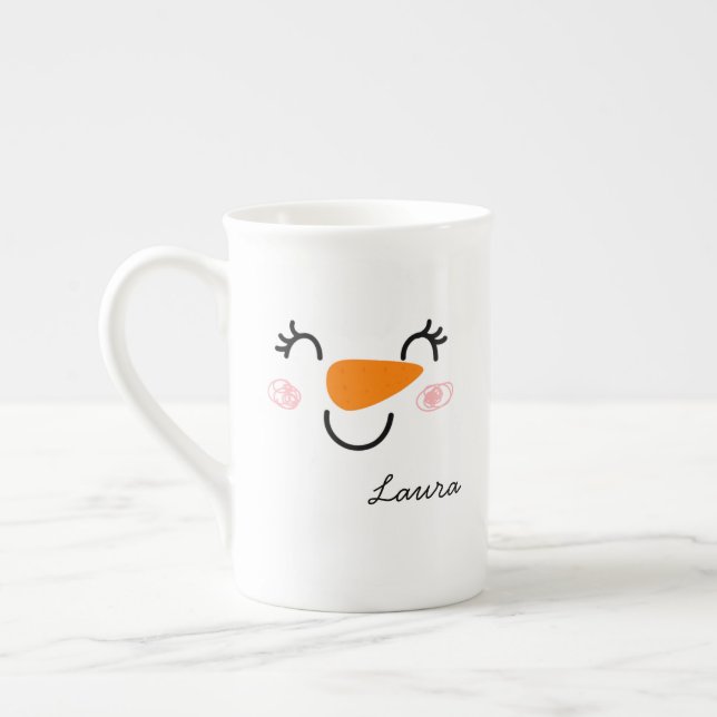 Smiley Cute Snowman Face with Message Bone China Mug (Left)