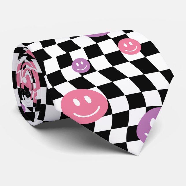Smiley Groovy Retro Chequerboard, Y2K 90s Tie (Rolled)