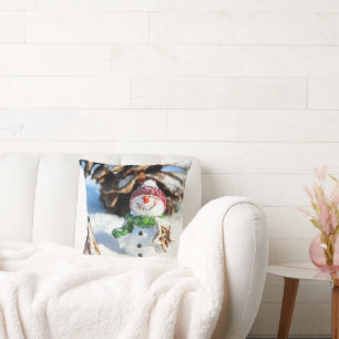 Smiley Little Snowman In Red Hat  Cushion