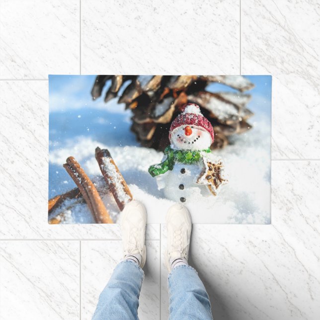 Smiley Little Snowman In Red Hat Doormat (Indoor)