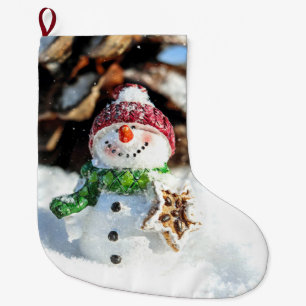 Smiley Little Snowman In Red Hat Large Christmas Stocking