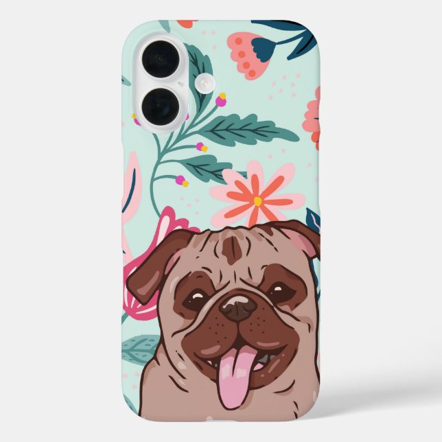 Smiley Pug & Blossoms Cute Mint Floral Dog Case-Mate iPhone Case (Back)