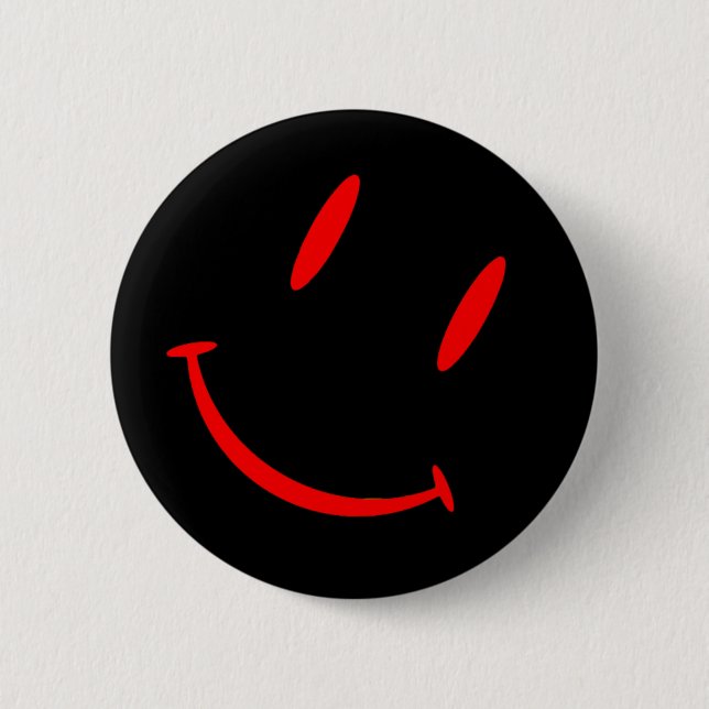 SMILIE BLACK RED 6 CM ROUND BADGE (Front)