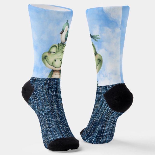 Smiling Alligator and bird Socks (Angled)